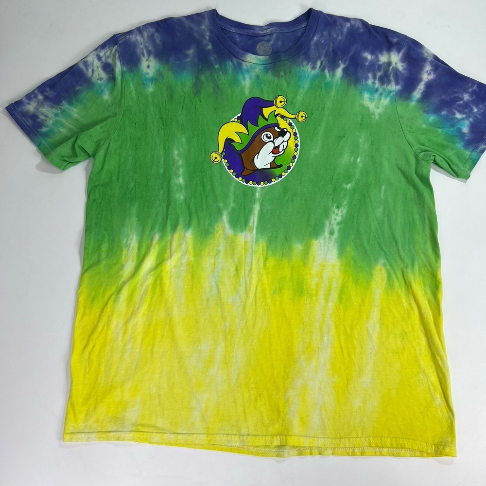 Buc-ee's Peace Love Mardi Gras T Shirt XL Tie Dye Blue Green Yellow New Orleans - Picture 6 of 12